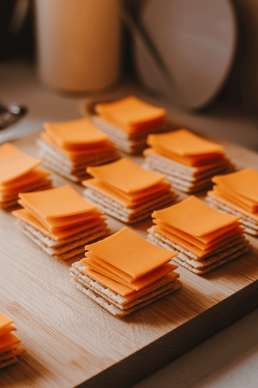 An indoor tabletop shot of small square cheddar slices neatly layered on plain saltine crackers, arranged in staggered rows on a wooden cutting board. Warm ambient lighting; no text or logos anywhere in the scene. Photo, not illustration.