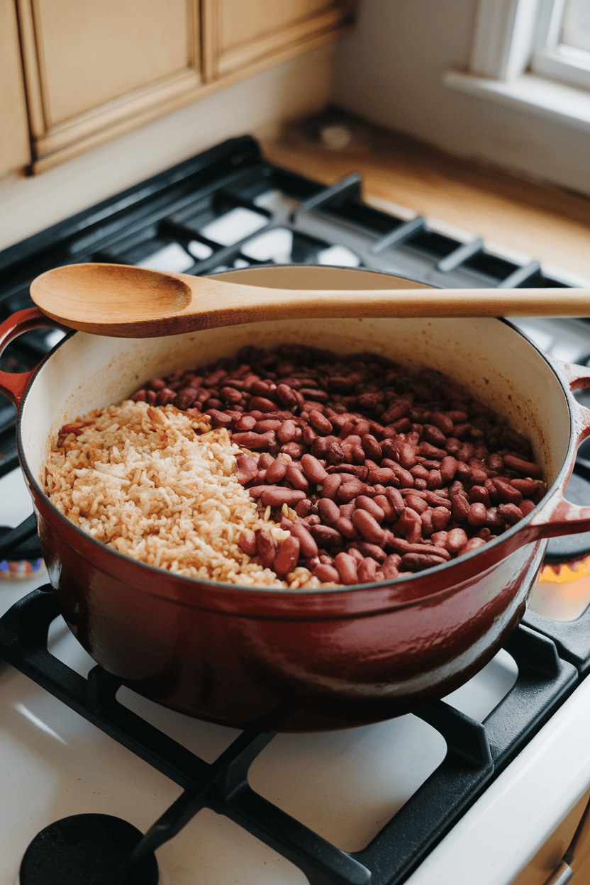 An indoor stovetop with a Dutch oven full of rice and kidney beans cooked together, a wooden spoon resting on the pot. Photo only; no text or logos.