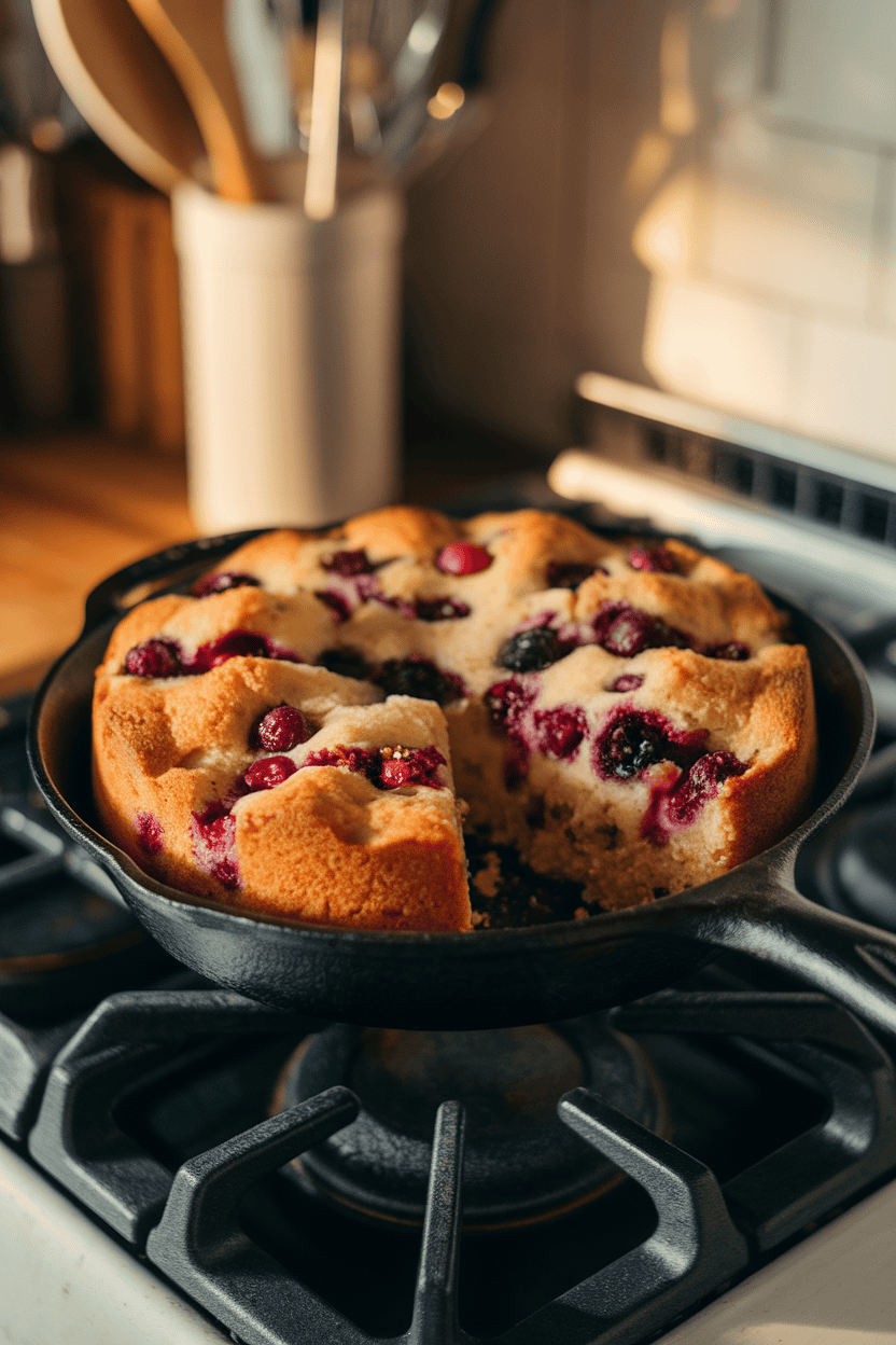 An indoor kitchen range with a cast-iron skillet holding a golden berry cake, a slice removed to show juicy interior, captured in warm overhead light. No text or logos present; photo only.