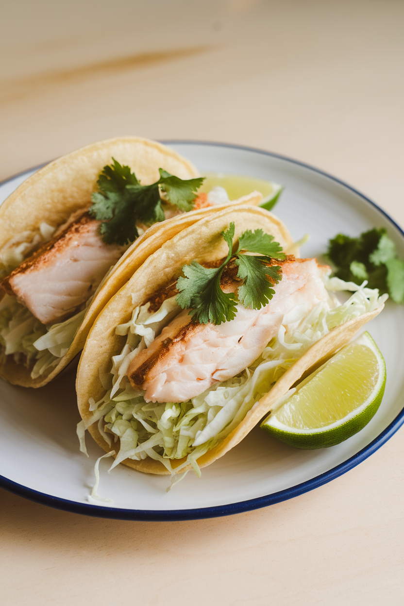 Indoor photo of two soft tacos filled with flaky cooked white fish, shredded cabbage, and lime wedges on a simple plate. No logos or text visible.