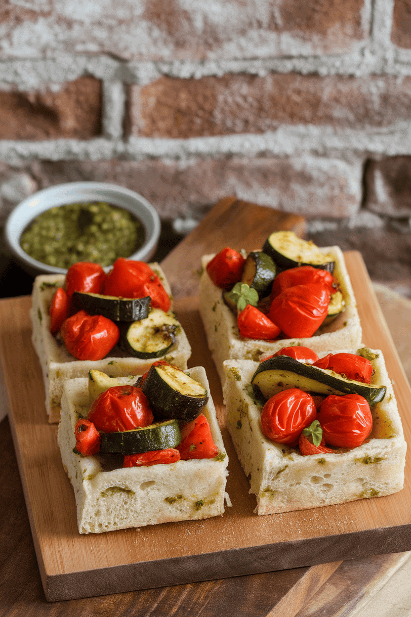 Indoor photo of focaccia squares filled with roasted seasonal veggies and pesto, no text or logos.