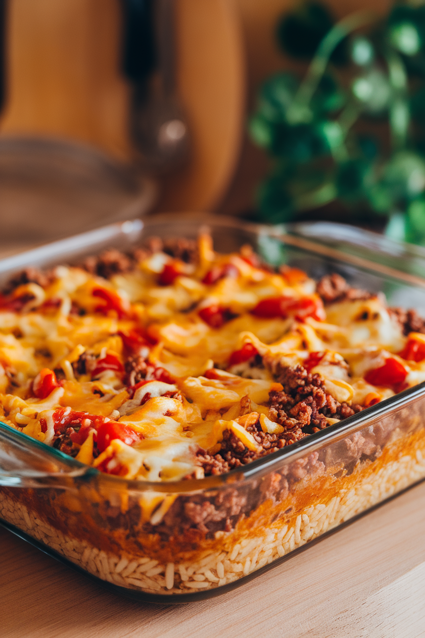 Indoor photo of a glass baking dish filled with baked Spanish rice casserole—rice, ground beef, tomatoes, and melted cheese—fresh out of the oven. No branding or text.