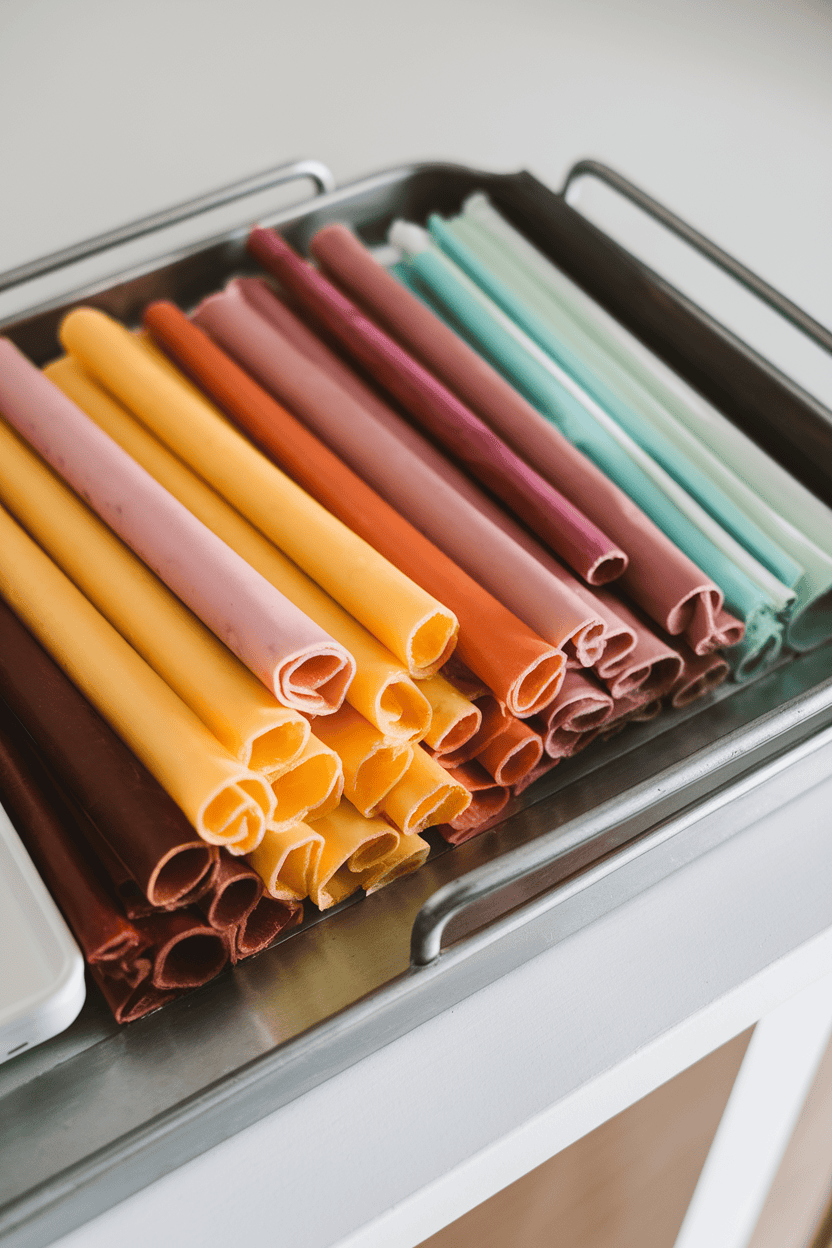 An indoor snack tray with rolled fruit leather strips in assorted colors, neatly stacked, no text or logos, photograph.