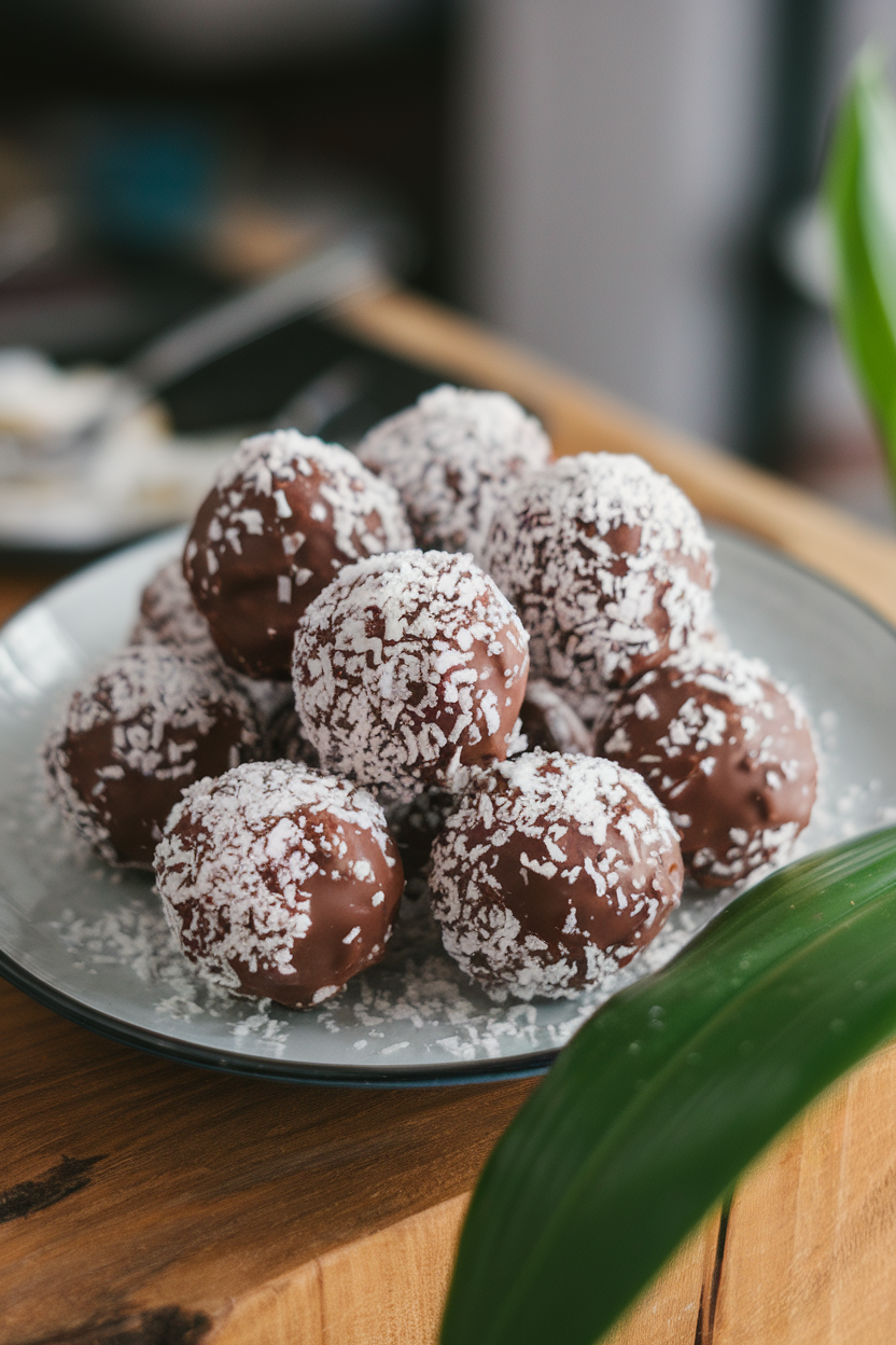 Round chocolate-coconut energy bites sprinkled with shredded coconut on an indoor plate. Photo, no text or logos present.