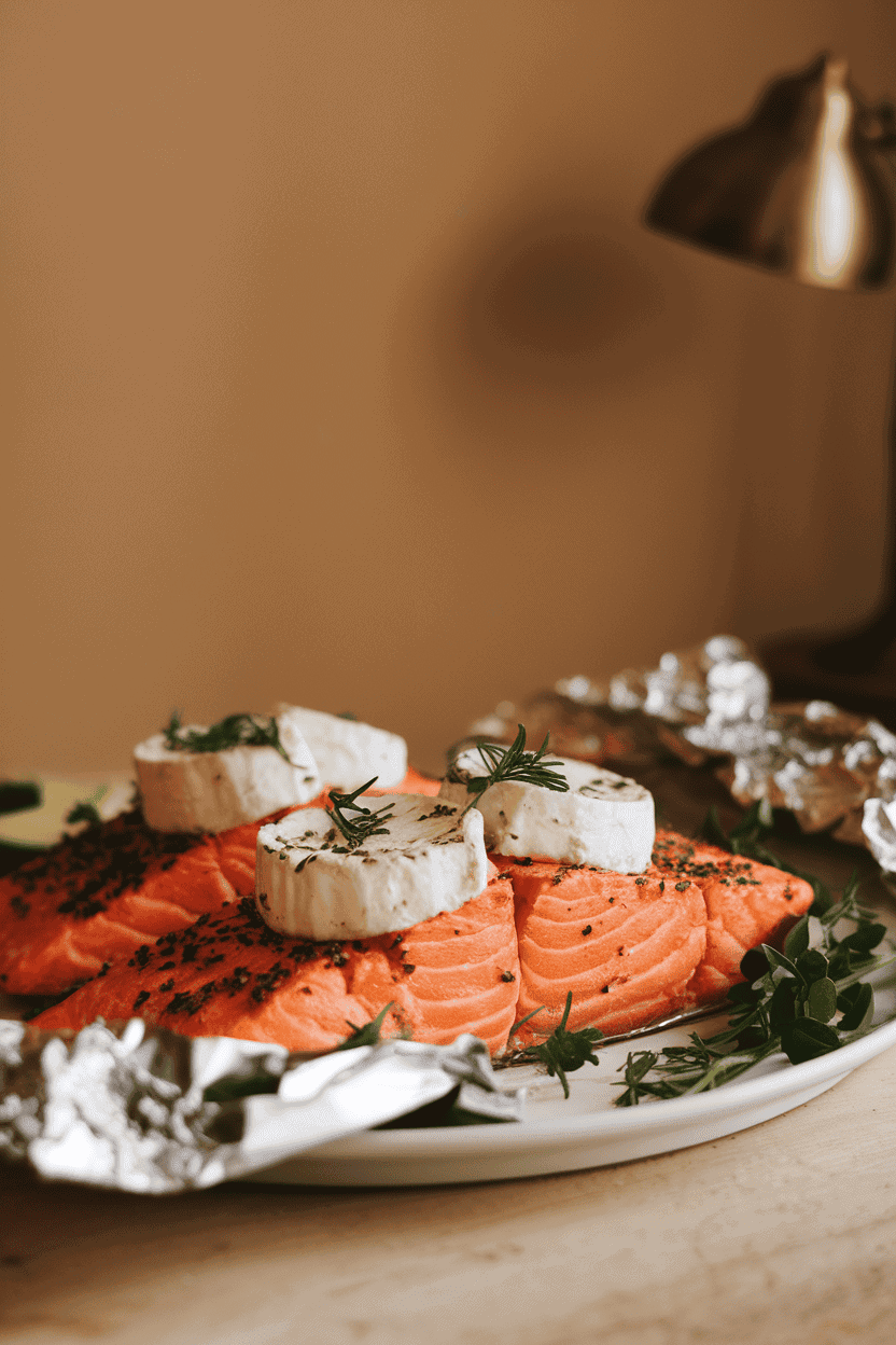 Warm indoor photo featuring cooked salmon topped with melting herbed goat cheese rounds, foil crinkled around. No text or logos anywhere.
