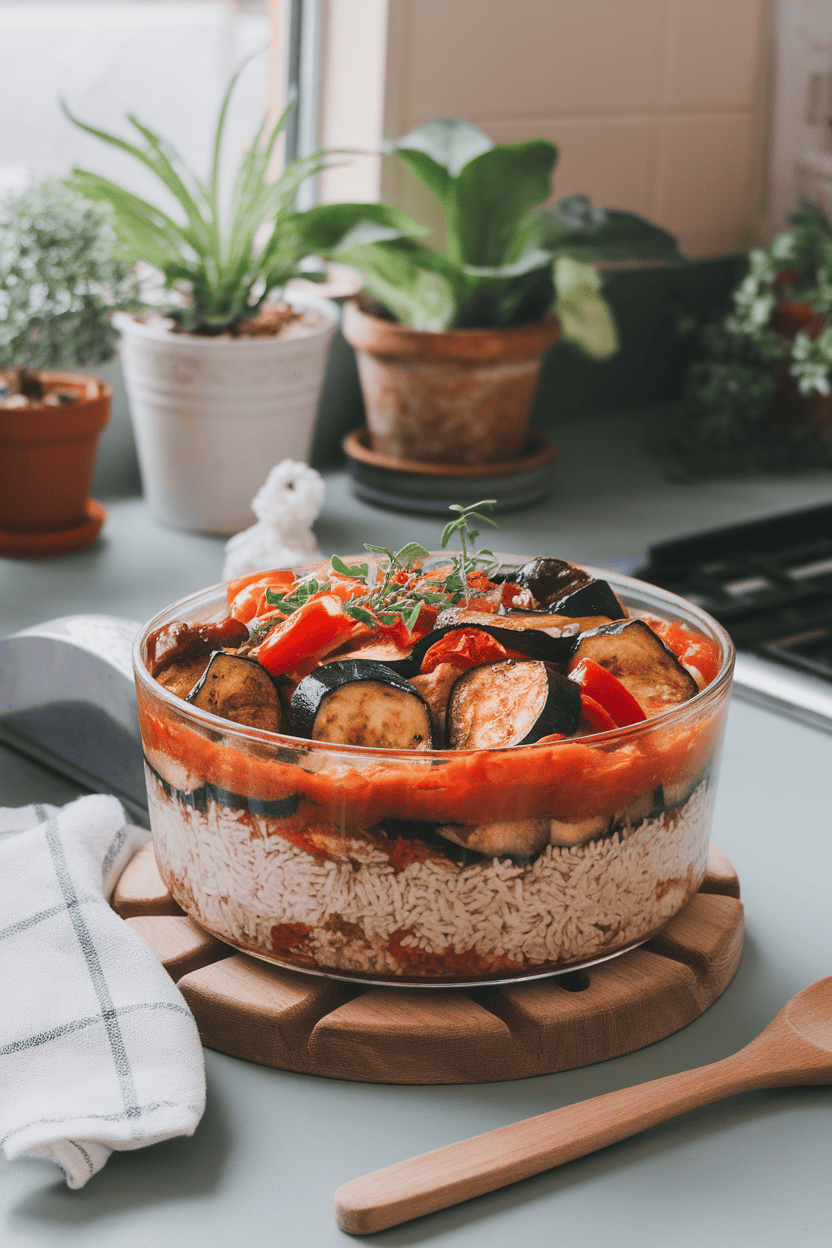 Photo inside a home kitchen featuring a casserole of rice layered with roasted zucchini, eggplant, bell peppers, and tomato sauce, herbs sprinkled on top. No text or logos anywhere in scene.