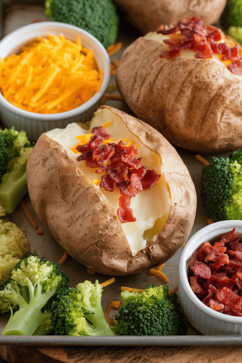 Photo indoors of large russet potatoes split open on a tray, surrounded by small bowls of shredded cheese, steamed broccoli, and bacon bits; no text or logos.