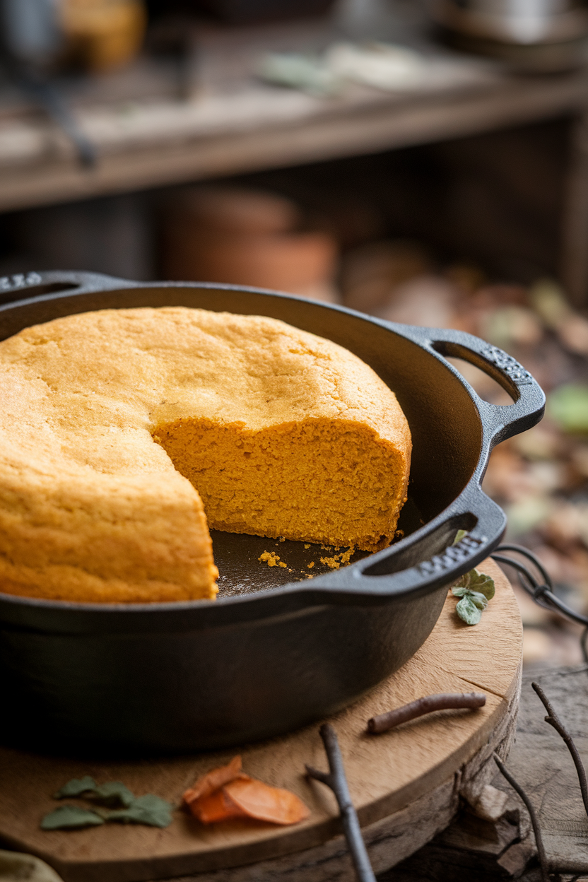 Indoor photo of a golden cornbread round in a Dutch oven, a wedge cut out to reveal moist crumb. No logos or text.