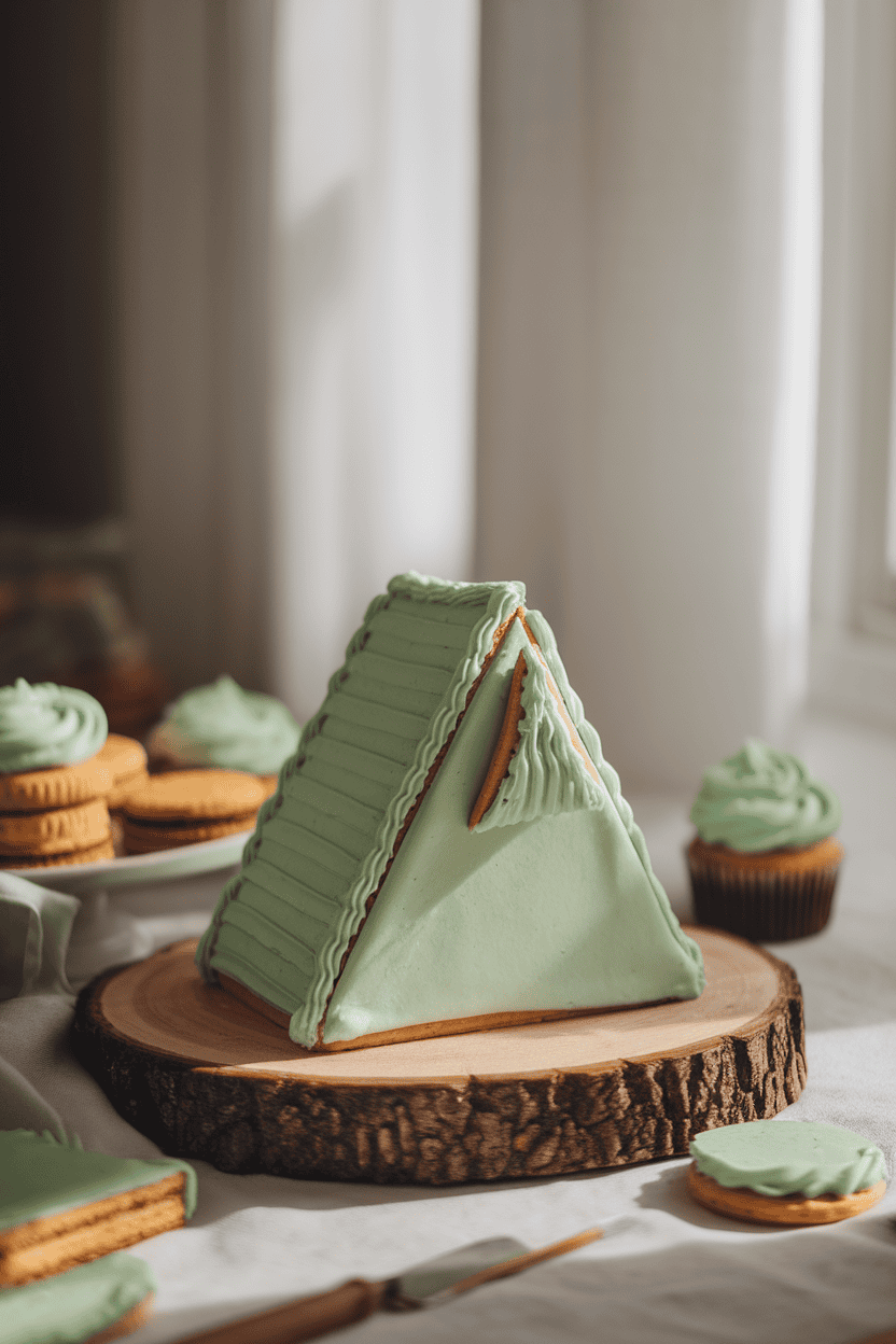 An indoor bakery setup featuring a triangular sponge cake frosted in green buttercream with a small cookie “tent flap” accent, photographed in soft window light. No text or logos anywhere; photo, not illustration.