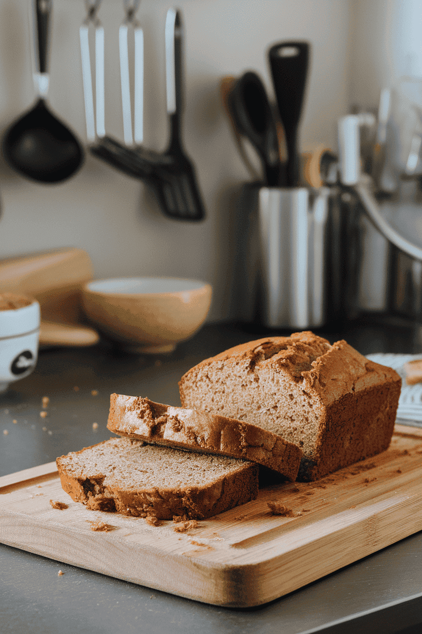 A wooden cutting board on an indoor kitchen counter displaying thick slices of moist banana bread, a few crumbs scattered artfully around. Soft ambient lighting; no text or logos; photo, not illustration.