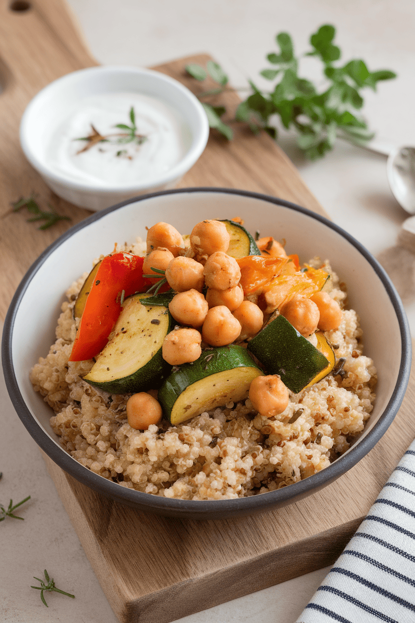 An indoor table showcasing a bowl of fluffy quinoa topped with roasted zucchini, bell peppers, and chickpeas, lightly drizzled with yogurt sauce. Photo only; no text or logos visible.