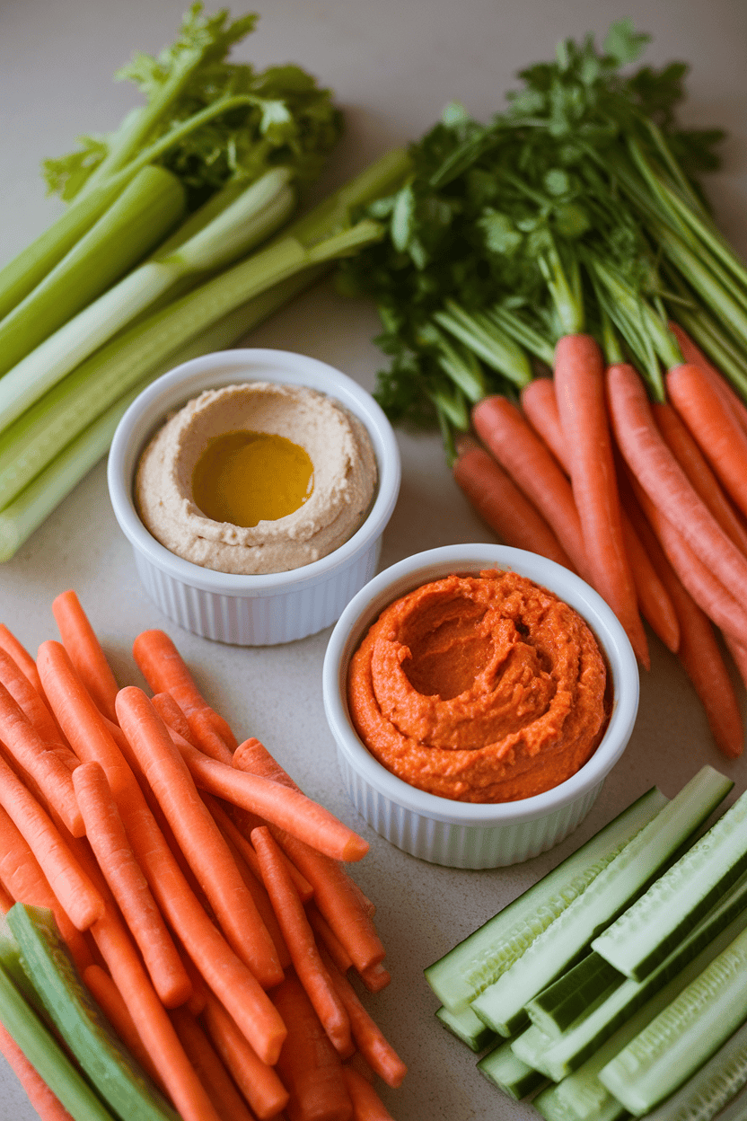 An indoor countertop scene showing two ramekins of hummus—classic and roasted red pepper—surrounded by orderly bundles of carrot, celery, and cucumber sticks. No logos, no text, photo style.