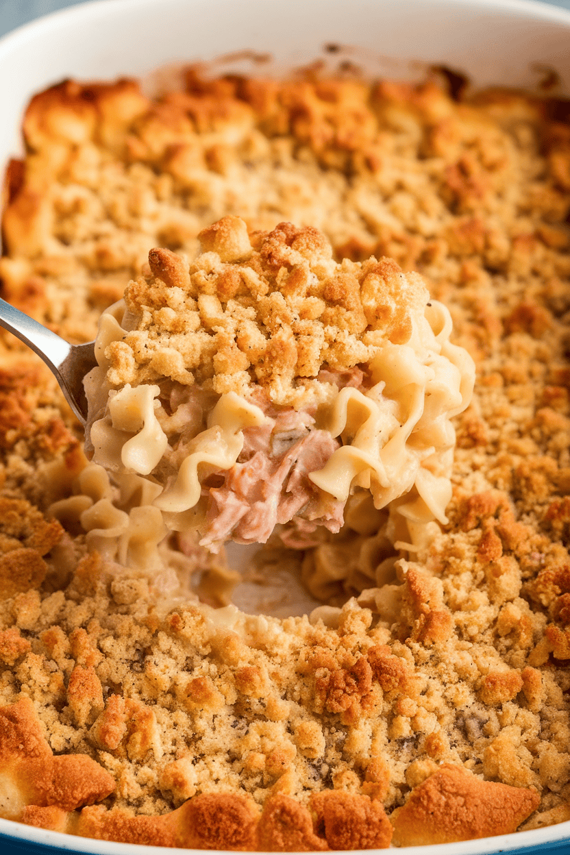 Indoor photo of a creamy tuna noodle casserole with breadcrumb topping, a serving spoon lifting a portion to reveal noodles; no text or logos.