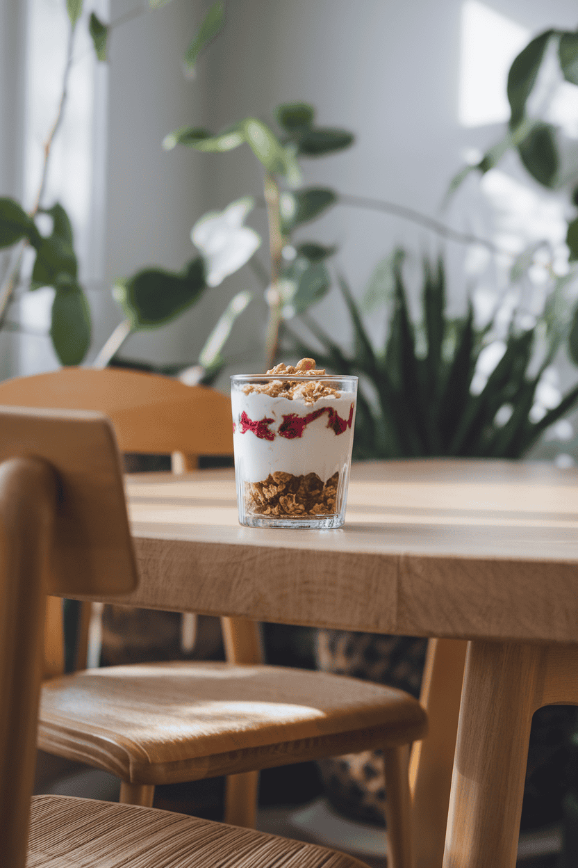 Photo, indoor breakfast nook, a clear glass layered with Greek yogurt, frozen berry compote, and granola; morning light; no text or logos.