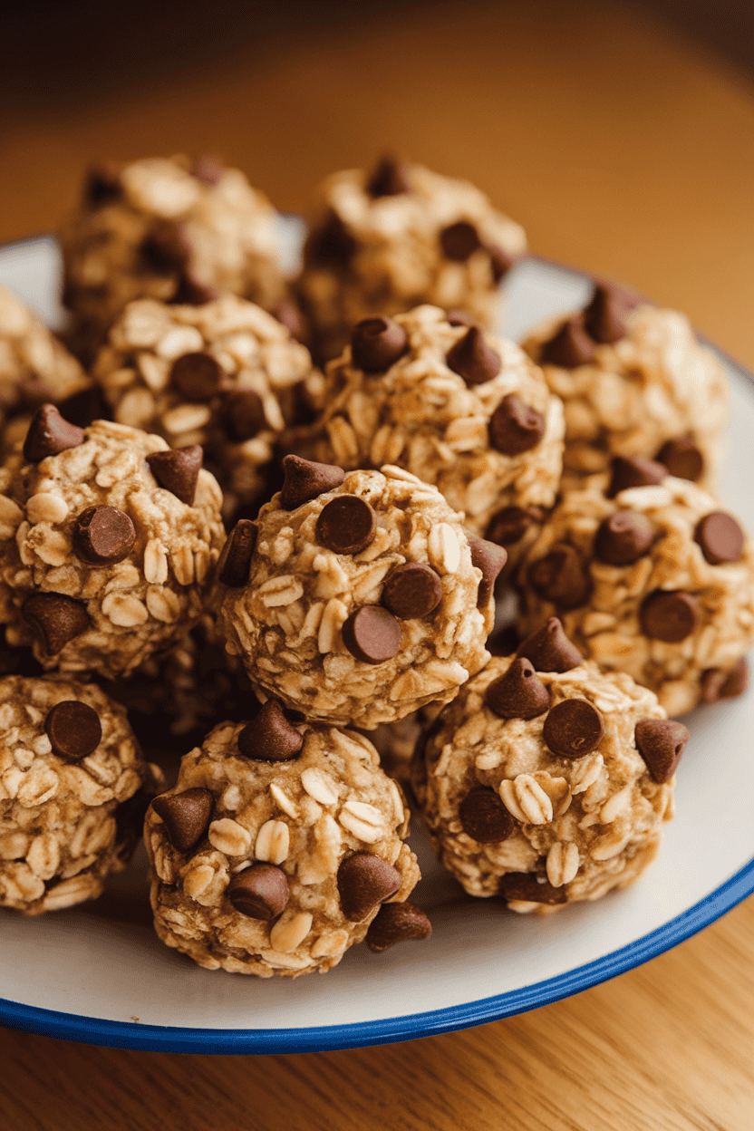 An indoor plate of round oatmeal energy bites dotted with mini chocolate chips, arranged neatly under warm lighting, no text or logos, photo.