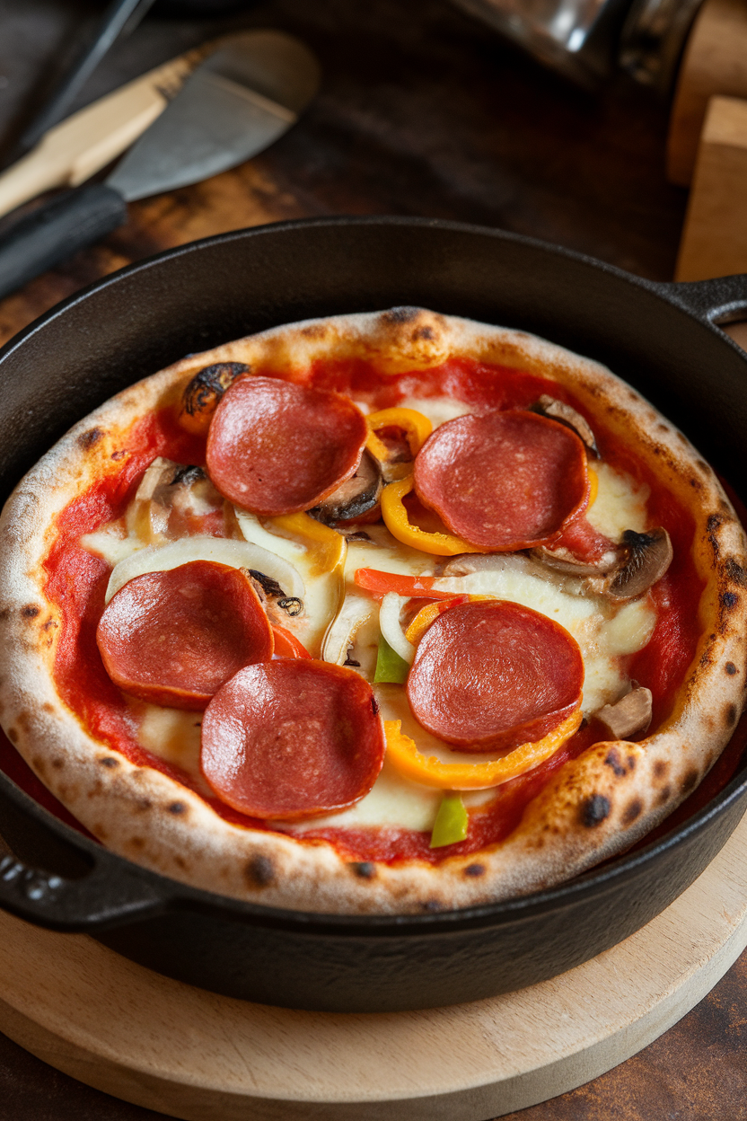 Indoor photo of a personal-size pizza inside a cast-iron pot, crust lightly charred, pepperoni and veggies glistening. No text or branding.