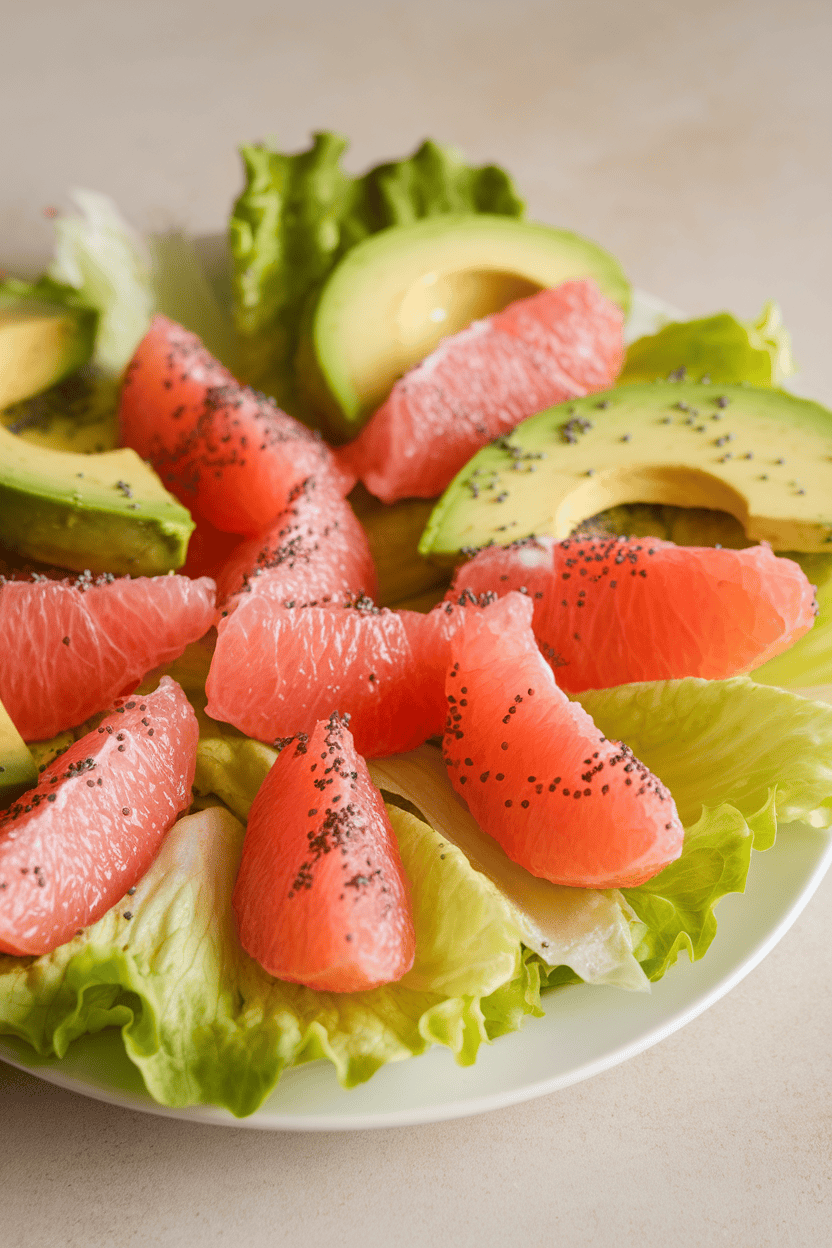 Indoor salad plate featuring pink grapefruit segments and sliced avocado on butter lettuce, finished with poppy seed dressing. Photo only, no text or logos.