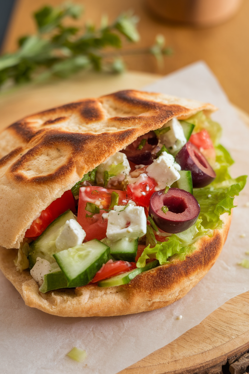 Indoor photo of an open pita pocket stuffed with chopped cucumber, tomato, olives, feta, and lettuce, drizzled lightly with dressing. No text or logos visible.