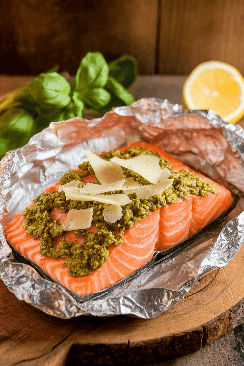 A warmly lit indoor photo showing a cooked salmon fillet in foil spread with bright green basil pesto and dusted with melted Parmesan shavings. No text or logos present.