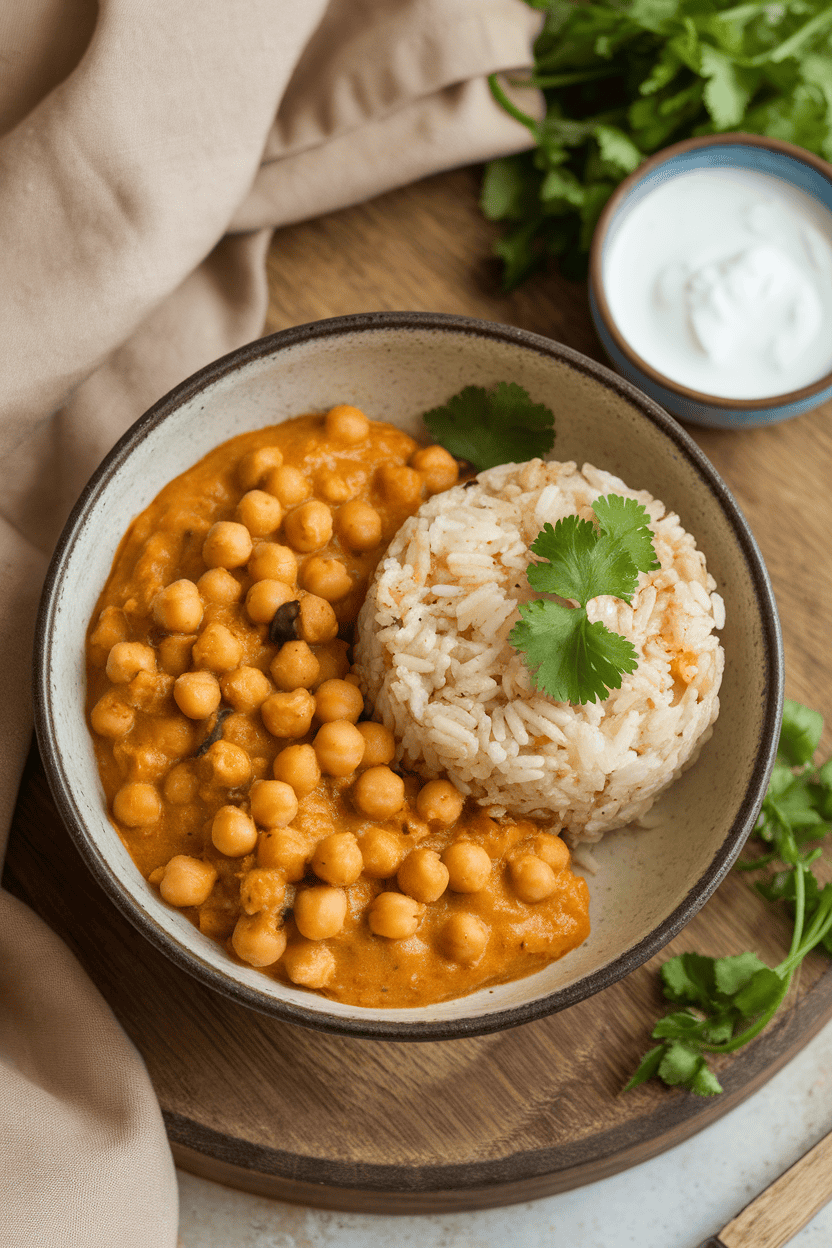 Indoor photo of a shallow bowl filled with creamy chickpea curry beside a mound of steamed rice, garnished with cilantro; soft overhead lighting, no visible text or logos.