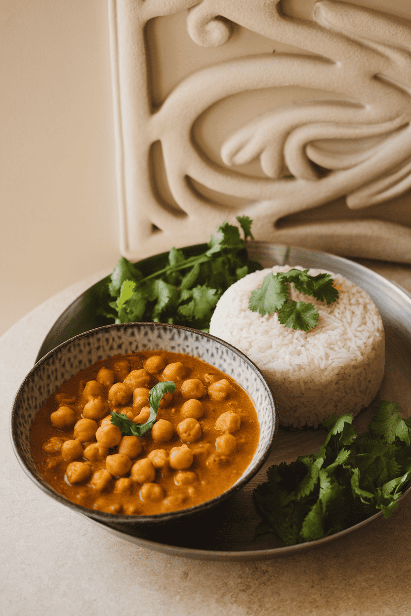 Indoor table with a shallow bowl of chickpea curry in a rich golden sauce next to a mound of white rice, cilantro sprinkled on top, no text or logos present.