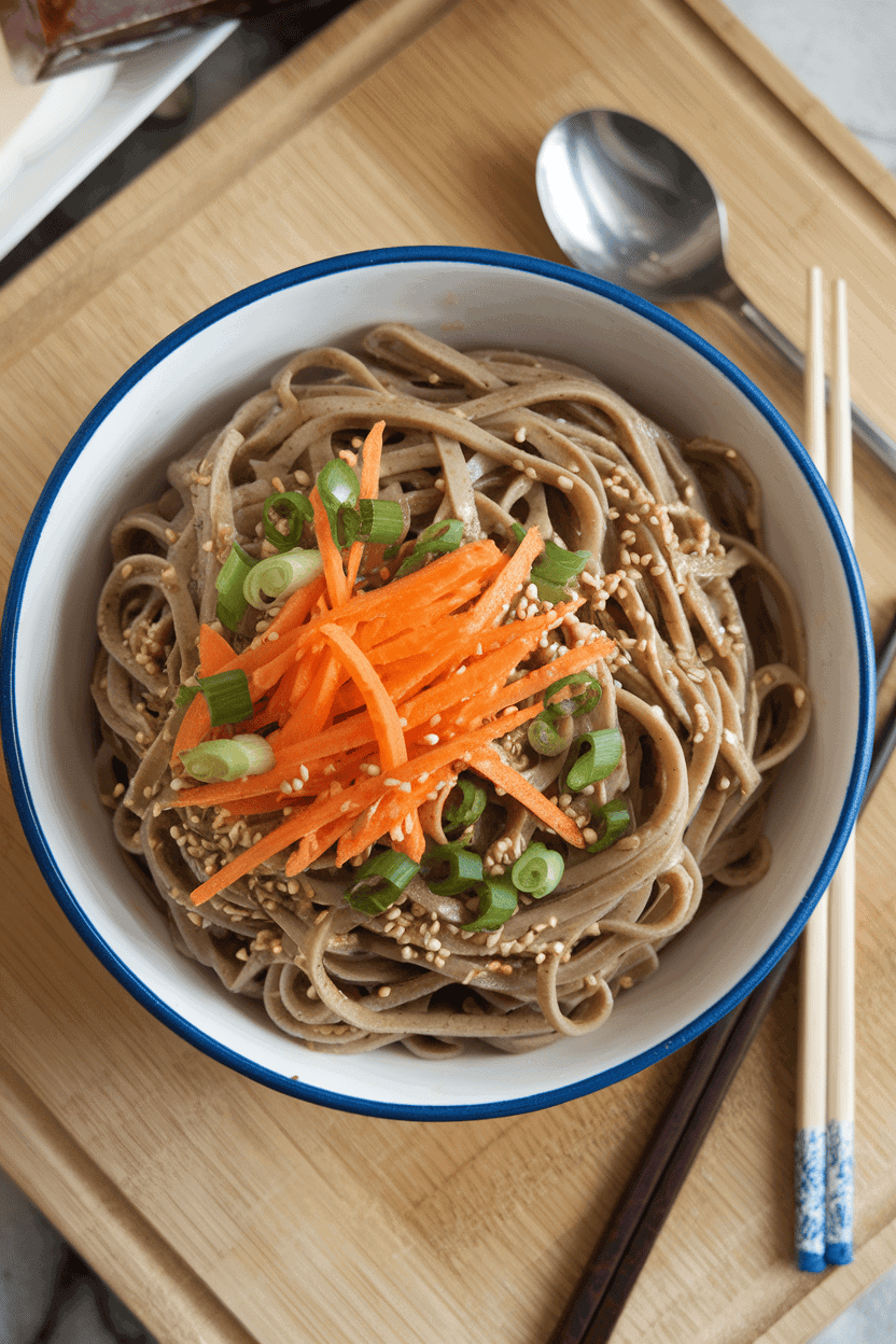 Indoor photo of chilled soba noodles tossed with sesame dressing, julienned carrots, and sliced scallions in a shallow bowl. Side overhead angle, no text or logos.
