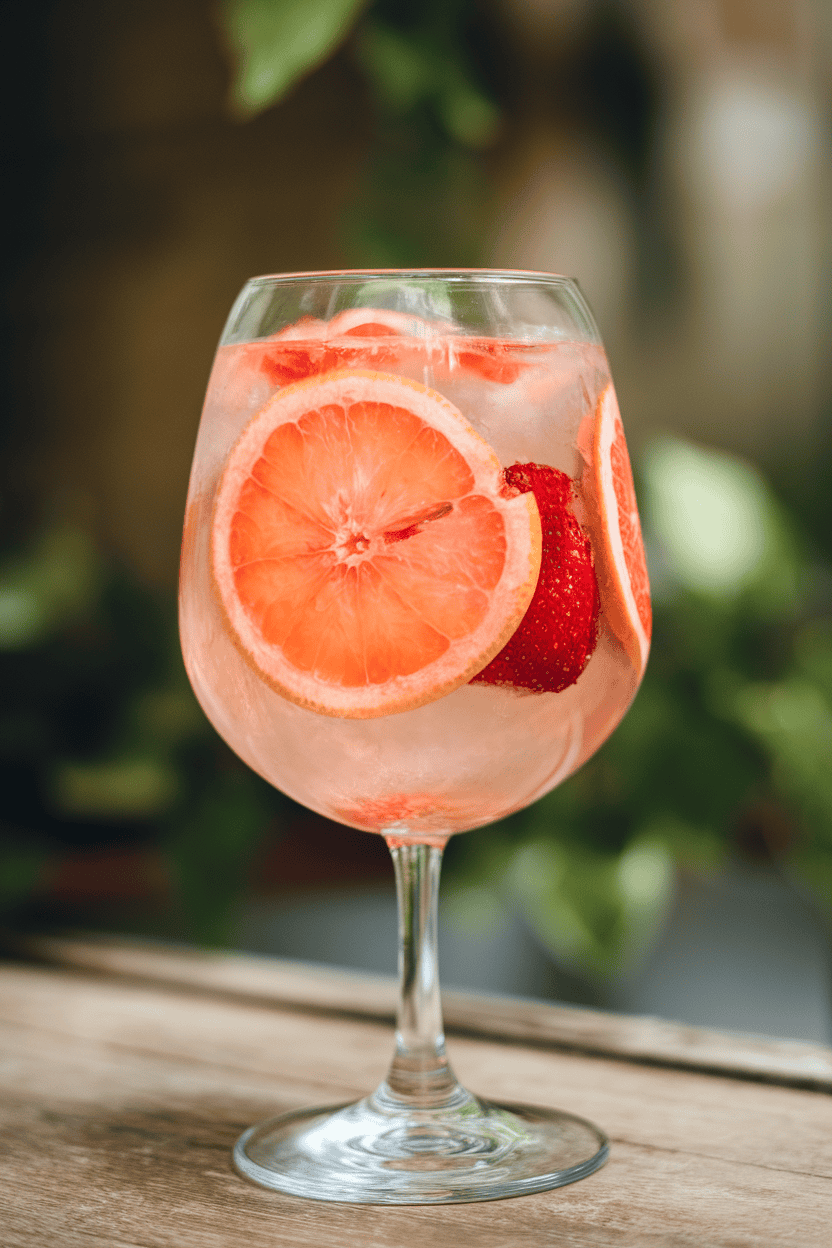 Photo, indoors, stemless wine glass of pale pink sangria with thin grapefruit crescents and strawberries inside. No text or logos.