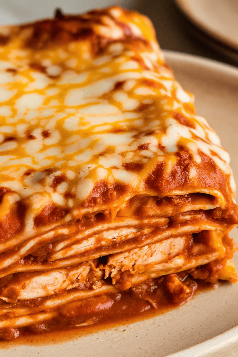 Photo of a sliced square of cheesy chicken enchilada casserole revealing layers of tortillas, sauce, and chicken; indoor, side view; no text or logos.