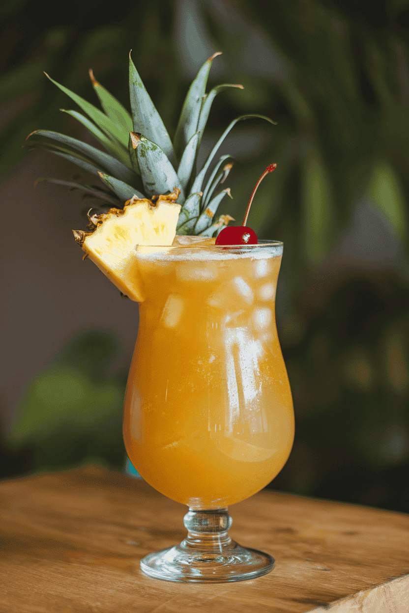 Photo, indoors, hurricane glass filled with golden pineapple punch, pineapple leaf and cherry garnish, crushed ice mound on top. No text or logos.