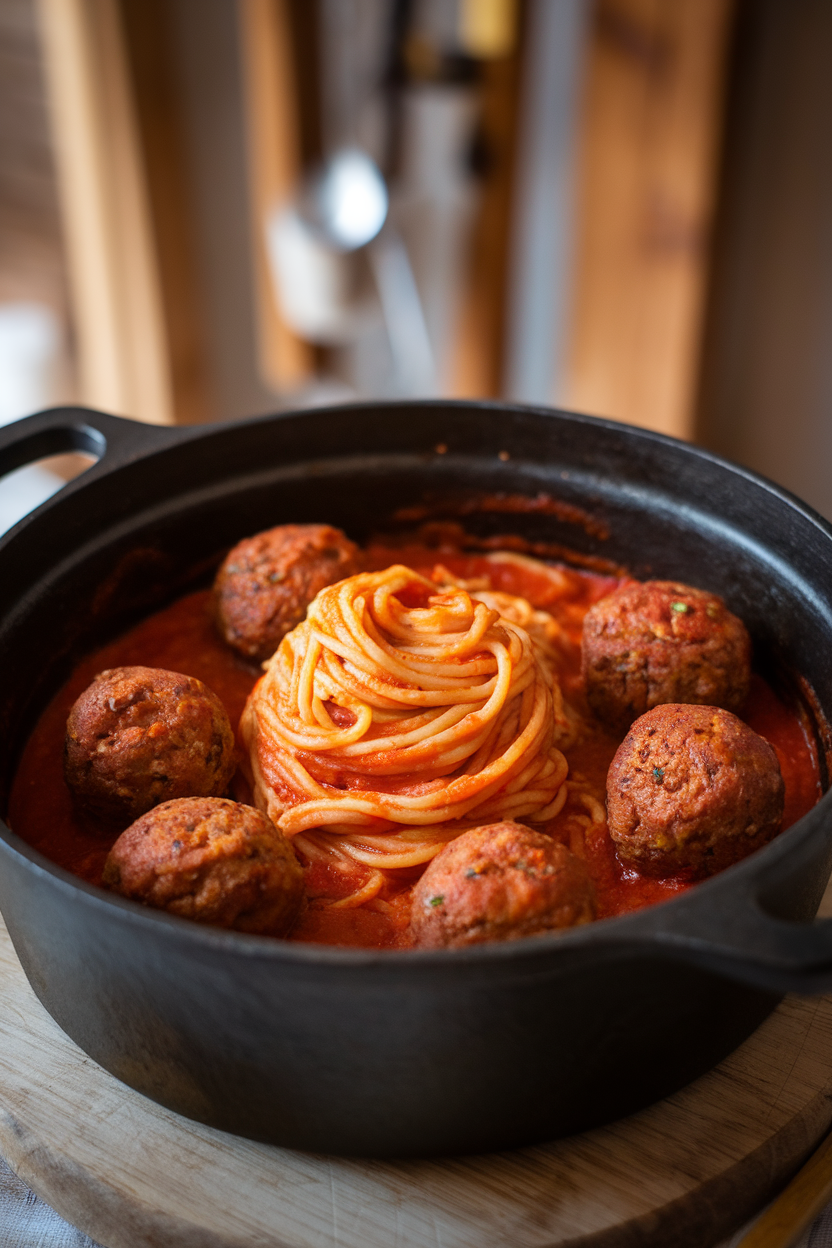 Indoor photo of spaghetti twirled in marinara with meatballs nestled on top inside a cast-iron pot. No text or logos.