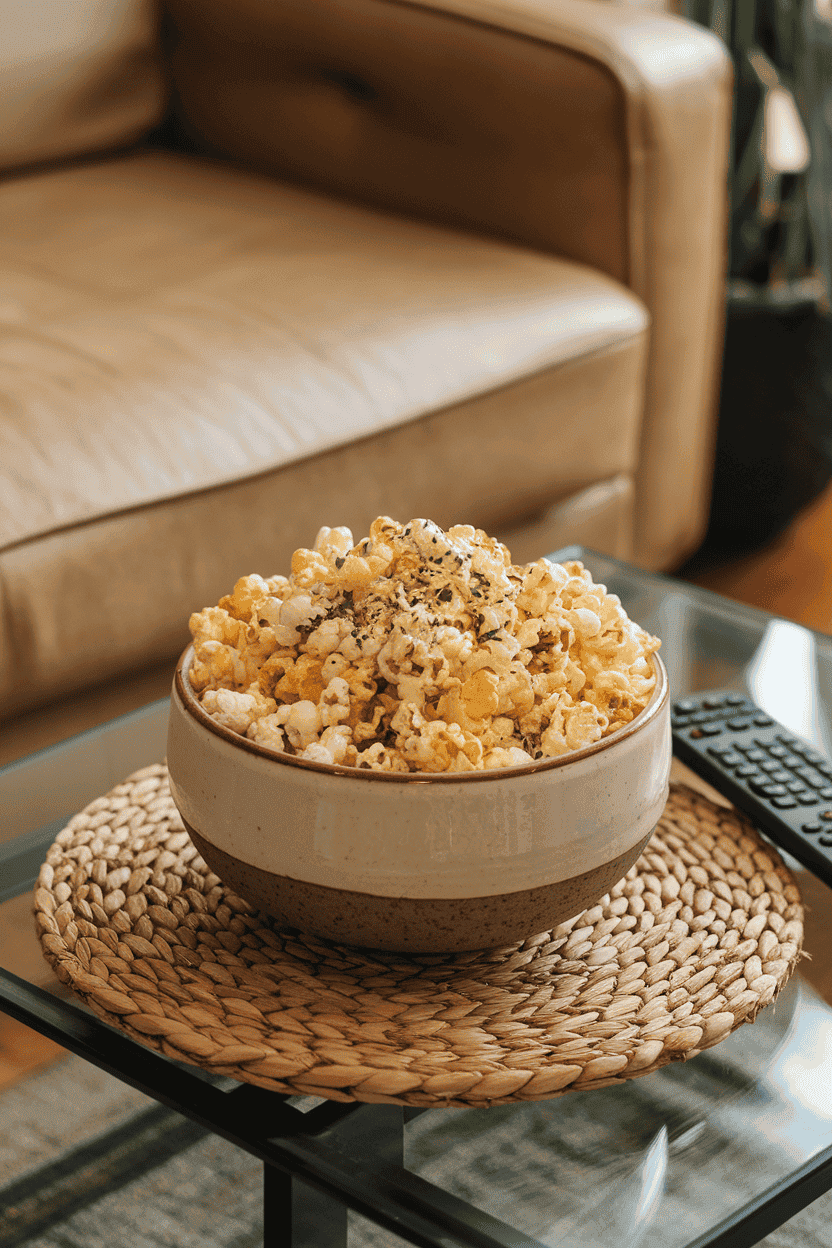 A ceramic bowl of seasoned popcorn on an indoor coffee table, kernels coated lightly with grated cheese and herbs; warm evening lighting, no text or logos. Photo, not illustration.