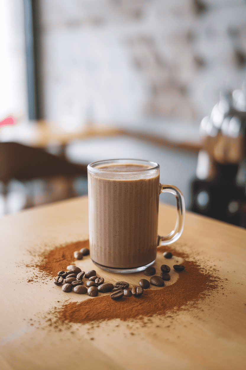 Indoor café-style setup with a mocha-colored smoothie in a glass mug, coffee beans and cocoa powder scattered lightly. Photo, no text or logos.