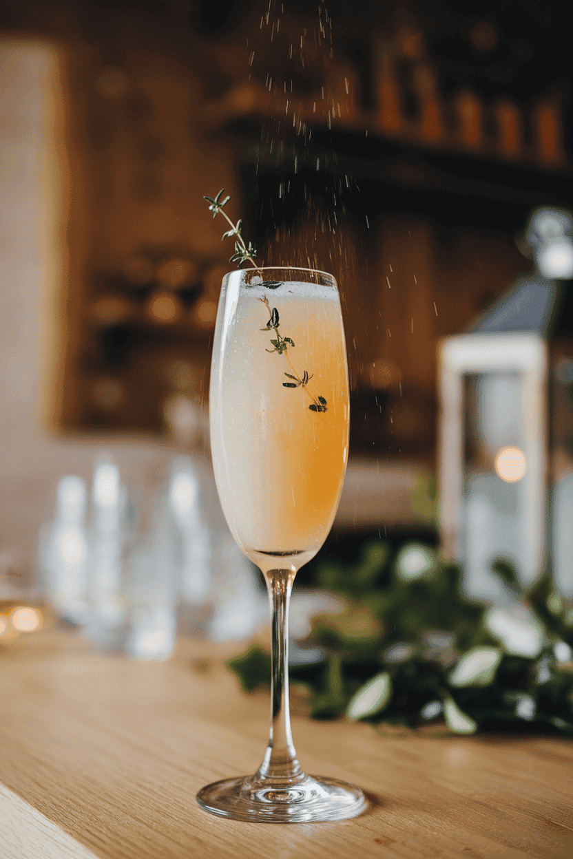 Photo, indoors, flute glass with pale pear punch, tiny thyme sprig floating, fine bubbles streaming upward. No text or logos.