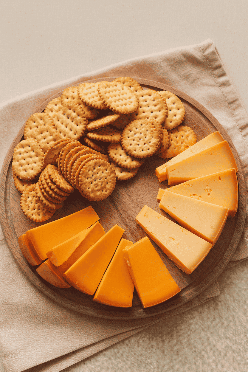 An indoor wooden board with sliced cheddar, pepper jack, and a pile of assorted crackers; minimalistic style, no text or logos. Photo, not illustration.