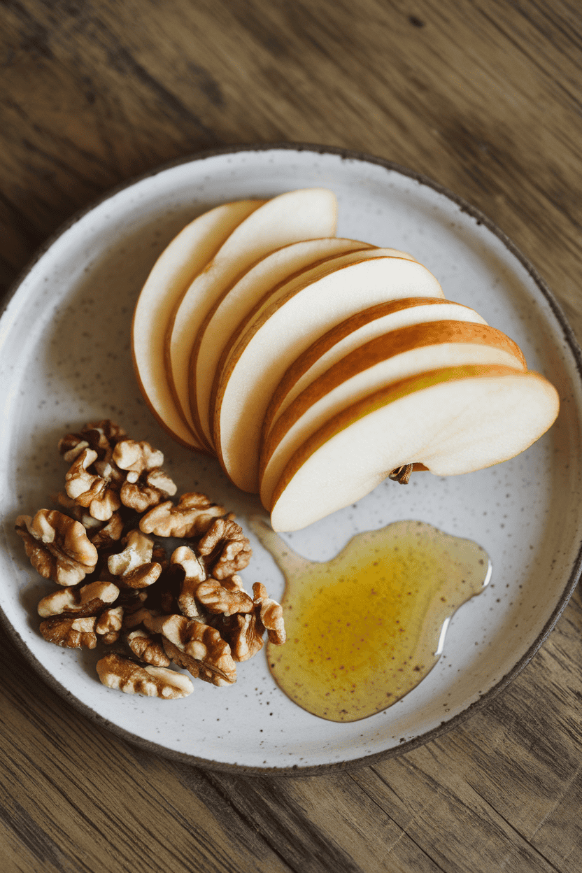 An indoor snack plate with thin pear slices fanned next to a small pile of walnut halves, drizzle of raw honey nearby. No logos or text. Photo only.