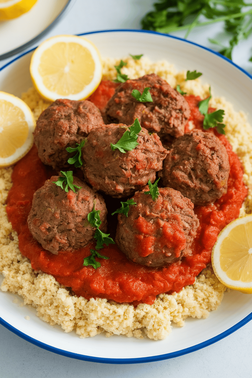 An indoor plate featuring spiced beef meatballs in tomato sauce beside fluffy couscous; photo, no text or logos.