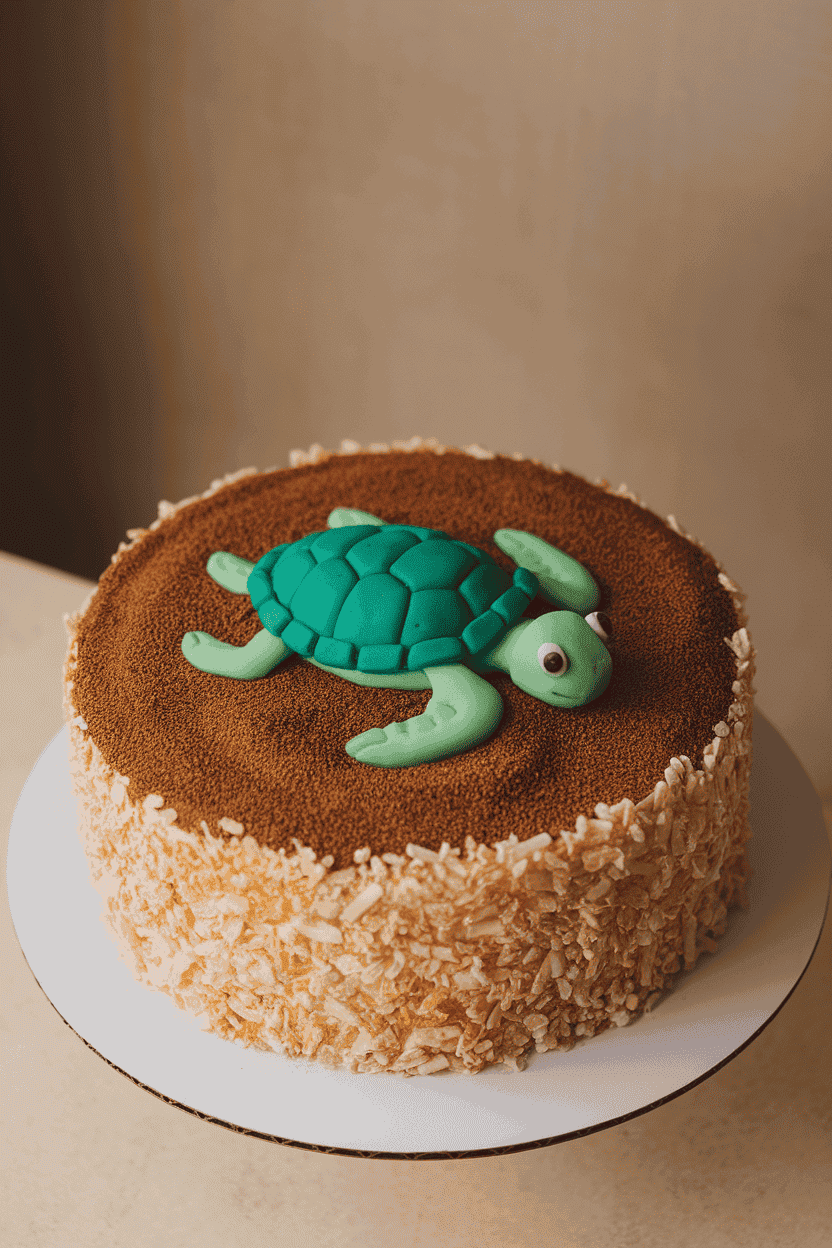 Indoor photo of a round cake topped with a detailed green fondant sea turtle crawling across brown sugar “sand”; soft diffuse lighting; no text or logos.