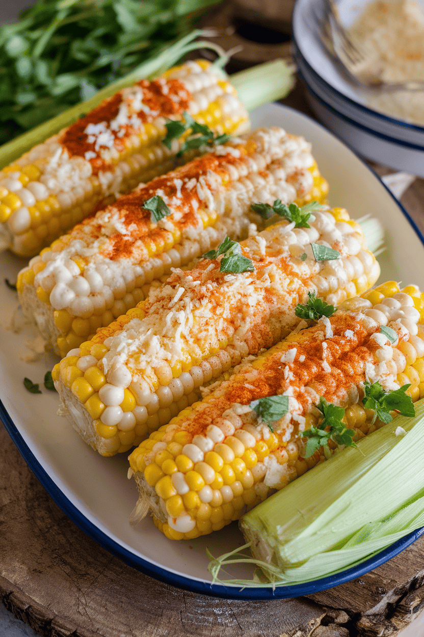 Photo prompt: Indoor platter of cooked corn on the cob brushed with mayo, chili powder, and cotija cheese; no logos, no text.