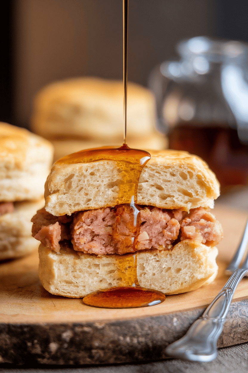 Indoor photo of a flaky, egg-free buttermilk biscuit sliced open, revealing chicken-apple sausage patties and a drizzle of maple syrup. Warm, cozy lighting, no text or logos.