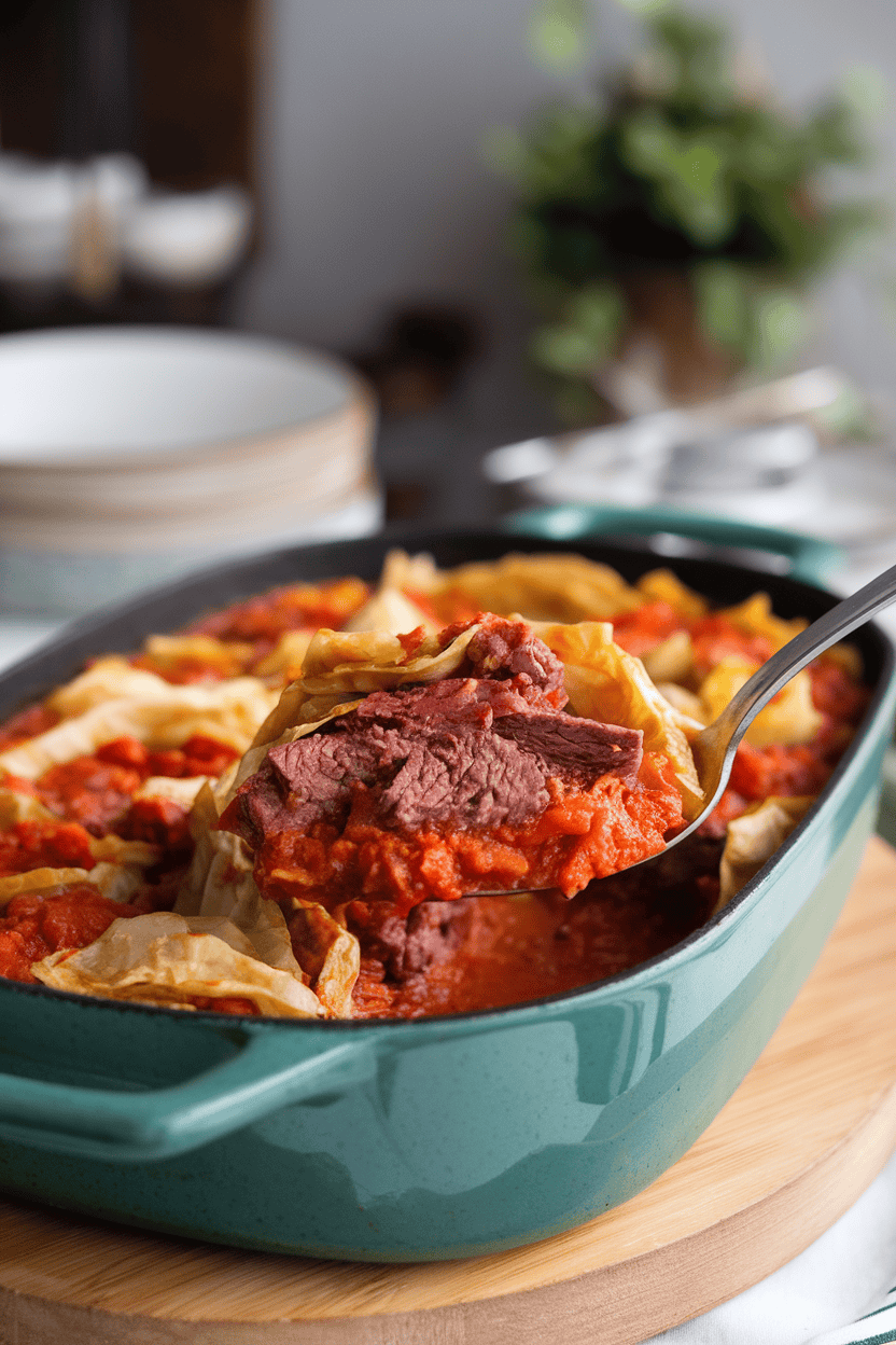 An indoor casserole dish of beef and cabbage layers in tomato sauce, a serving spoon revealing the hearty filling; photo, no text or logos.