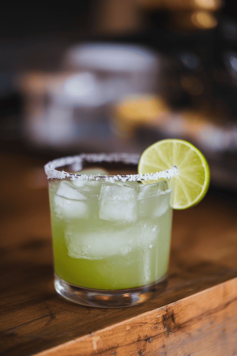 Photo, indoors, a rocks glass rimmed with coarse salt holding a jade-green margarita over ice, thin lime wheel garnish. No text or logos in scene.