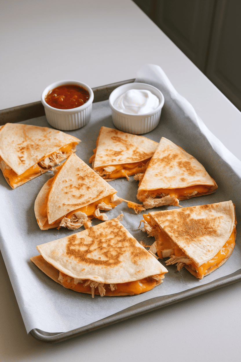 A parchment-lined sheet pan on an indoor countertop holding golden, triangle-cut quesadillas oozing cheese and chicken, small bowls of salsa and sour cream nearby. No logos or text anywhere.