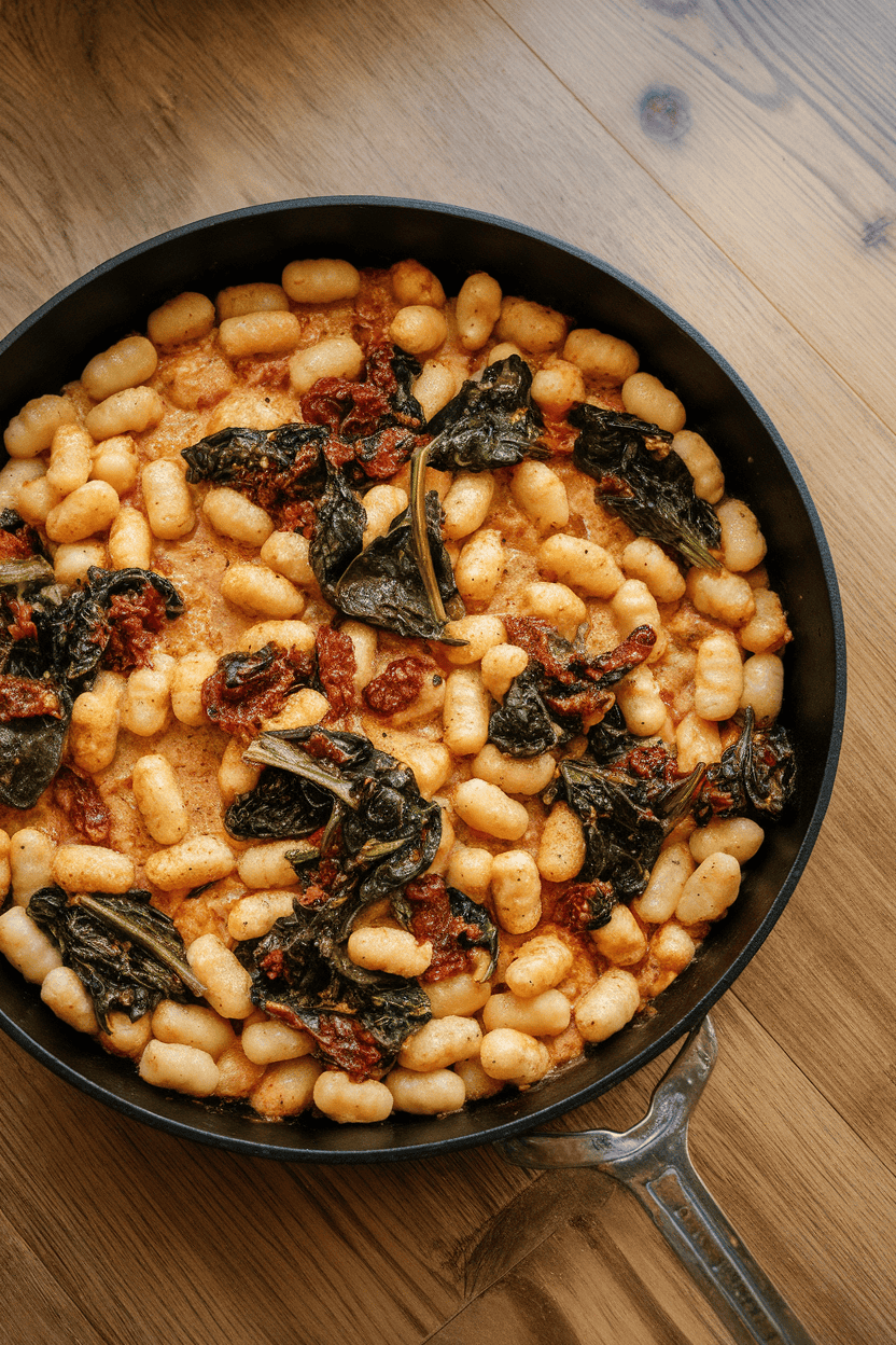 Indoor tabletop featuring a skillet of pillowy gnocchi coated in creamy sun-dried tomato sauce, wilted spinach sprinkled throughout; no text or logos anywhere.