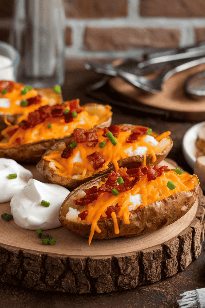 An indoor serving board holding crispy potato skins filled with melted cheddar, bacon bits, and chives, sour cream dollops alongside. No branding present.