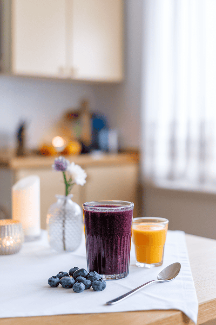 Indoor breakfast table featuring a vibrant deep green-purple smoothie, a handful of blueberries and a small glass of orange juice beside it. Photo, no text or logos.