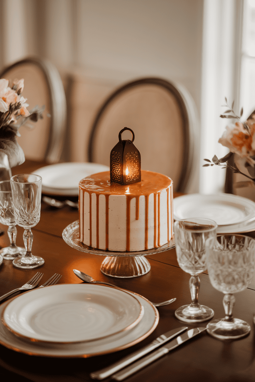 An indoor dining table showcasing a caramel-drip cake topped with a small chocolate lantern and gentle candlelight glow effect, shot in warm ambient light. No logos or text in view; photograph.