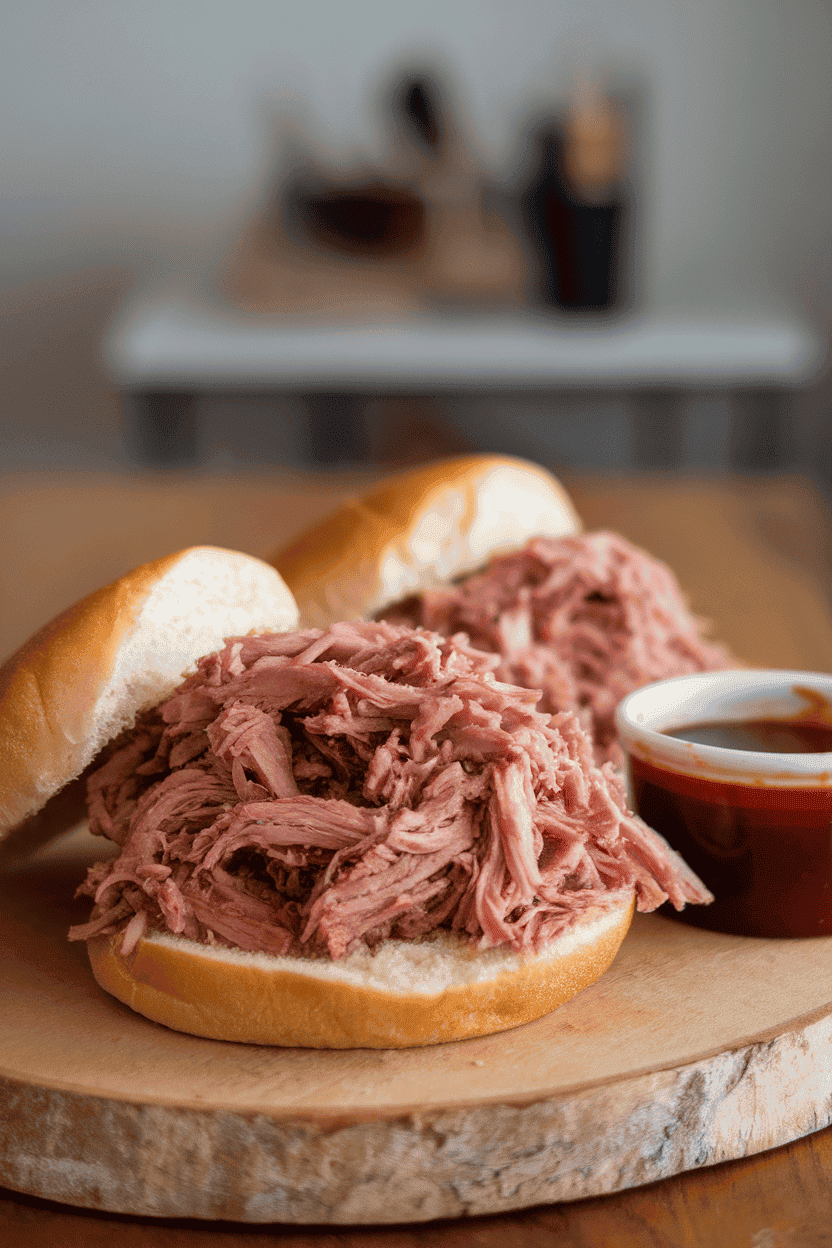 Photo of shredded pulled pork piled on soft buns with a ramekin of barbecue sauce beside them, all arranged on a wooden table indoors. Soft cabin lighting; no visible text or logos.