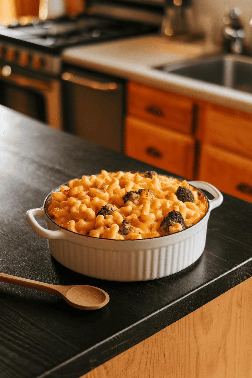 An indoor kitchen island displaying a bubbling casserole dish of golden mac and cheese dotted with bits of broccoli, no logos or text.
