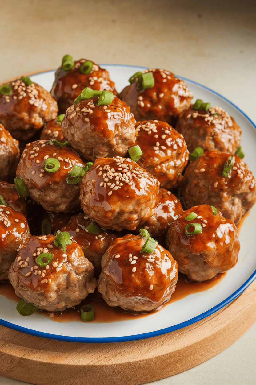 An indoor serving platter of glazed teriyaki ground-beef meatballs sprinkled with sesame seeds and scallions; photo, no text or logos.