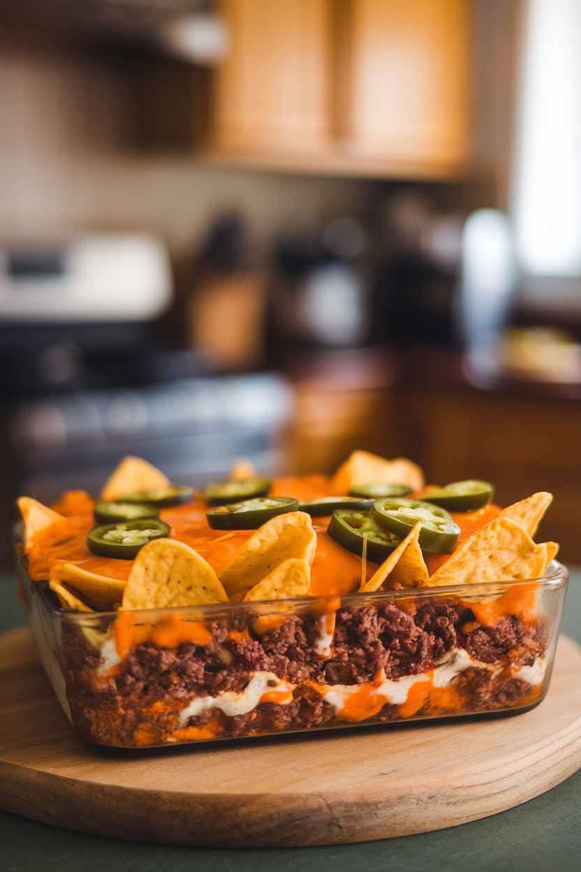 Indoor baking dish showing layers of tortilla chips, seasoned beef, melted cheese, and jalapeño slices, photographed slightly overhead. No logos or text. Photo, not illustration.